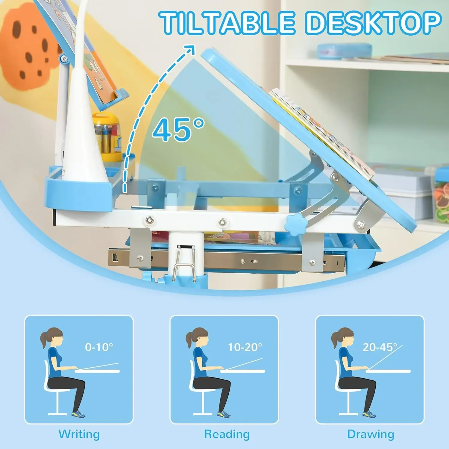 Zestaw biurka i krzeseł dla dzieci, biurko szkolne z lampką USB, szuflada do przechowywania pisania, zajęć, sztuki lub rękodzieła, niebieski