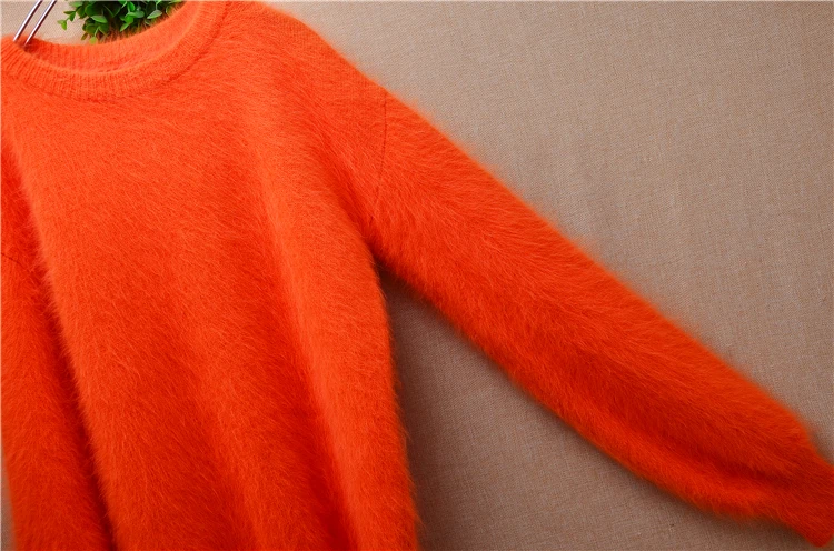 Female Women Spring Autumn Orange Hairy Angora Rabbit Hair Knitwear Inside O-Neck Long Lantern Sleeves Loose Sweater Jumper Pull