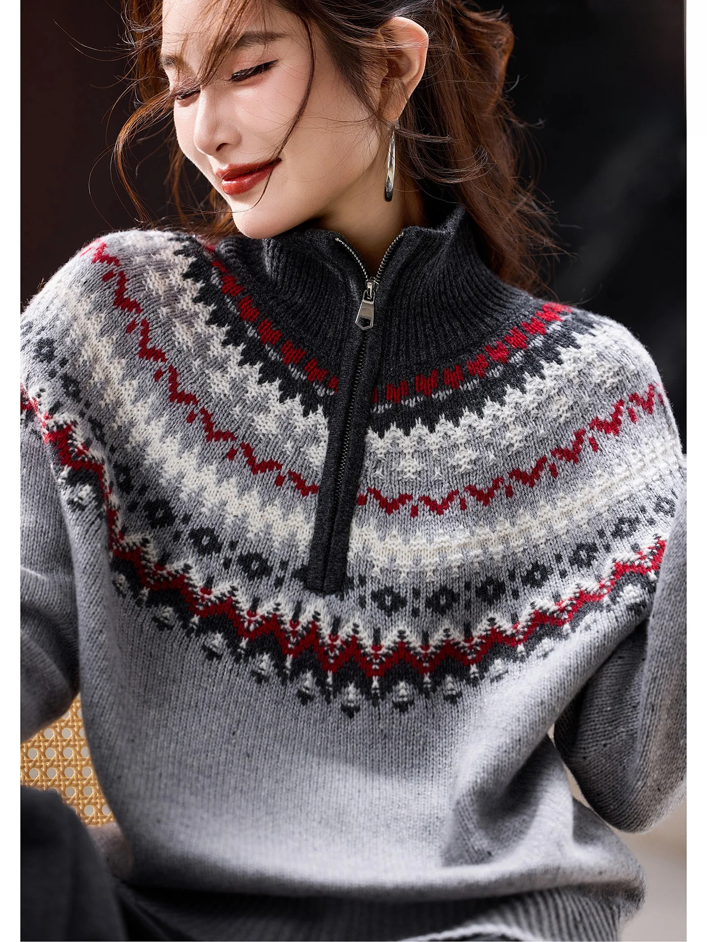 

Sli Fair Isle Knit Wool Sweater for Women Winter New Large Size Knitted Top Trendy Street Sle High Collar Zipper Closure