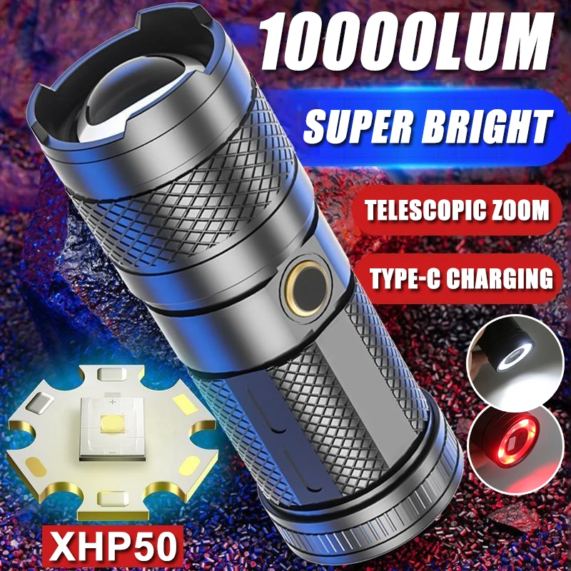 Multifunctional LED Flashlight Powerful P50 Torch Rechargeable Outdoor Hunting adventure Flashlight with Red Blue Warning Light