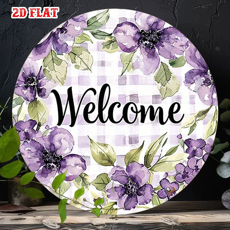 2D Plane, 2D Plane - Integrated 2D Plane Welcome Holiday Decoration Sign, Featuring Floral Pattern, Round Iron Sign with Purple