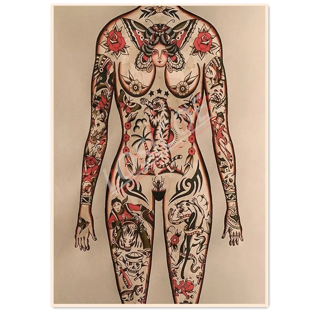 Traditional Full Body Tattoo Art Poster and Prints Wall Art Mural Vintage Kraft Paper Painting Wall Stickers Bar Cafe Home Decor