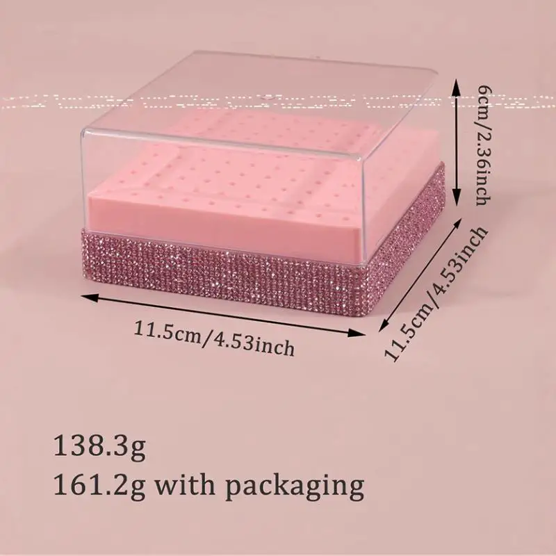 Soporte para brocas de uñas con 100 agujeros, soporte ostentoso con diamantes de imitación, organizador de exhibición, contenedor de almacenamiento a prueba de polvo, caja para salón de uñas