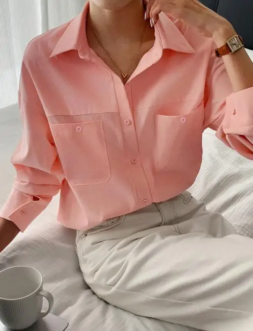 Camisa casual de manga comprida para férias de outono, elegante, simples, textura sofisticada, camisa feminina para deslocamento com gola de lapela