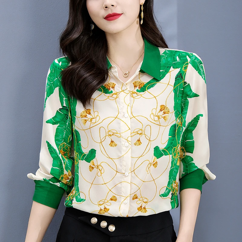 

New 100% Real Silk Women's Shirt Elegant Turn-down Collar Long Sleeve Women Shirts Fashion Blouses Print Woman Casual Blouse