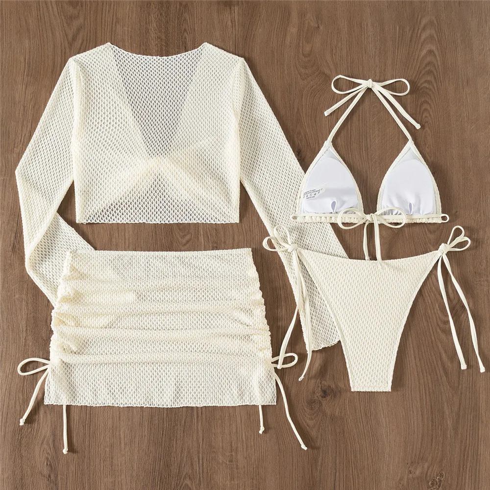 Beige Mesh Halter String Triangle Micro Thong Bikinis Sets 4 Pieces Long Sleeve Cover Ups Sexy Swimsuit Women Holiday Swimwear