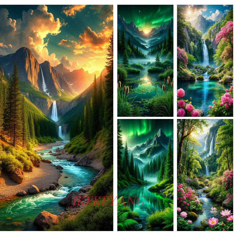 

Landscape Forest Waterfall River Picture DIY Diamond Painting Cross Stitch Full Drills Diamond Mosaic New Collection Home Decor