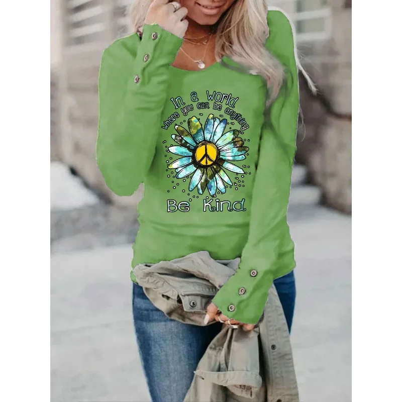 Ilstile Women's Hippie Letter Flower Print T-Shirts Spring Summer Long Sleeve T Shirt Casual Slim Fit V Neck Tops NEW