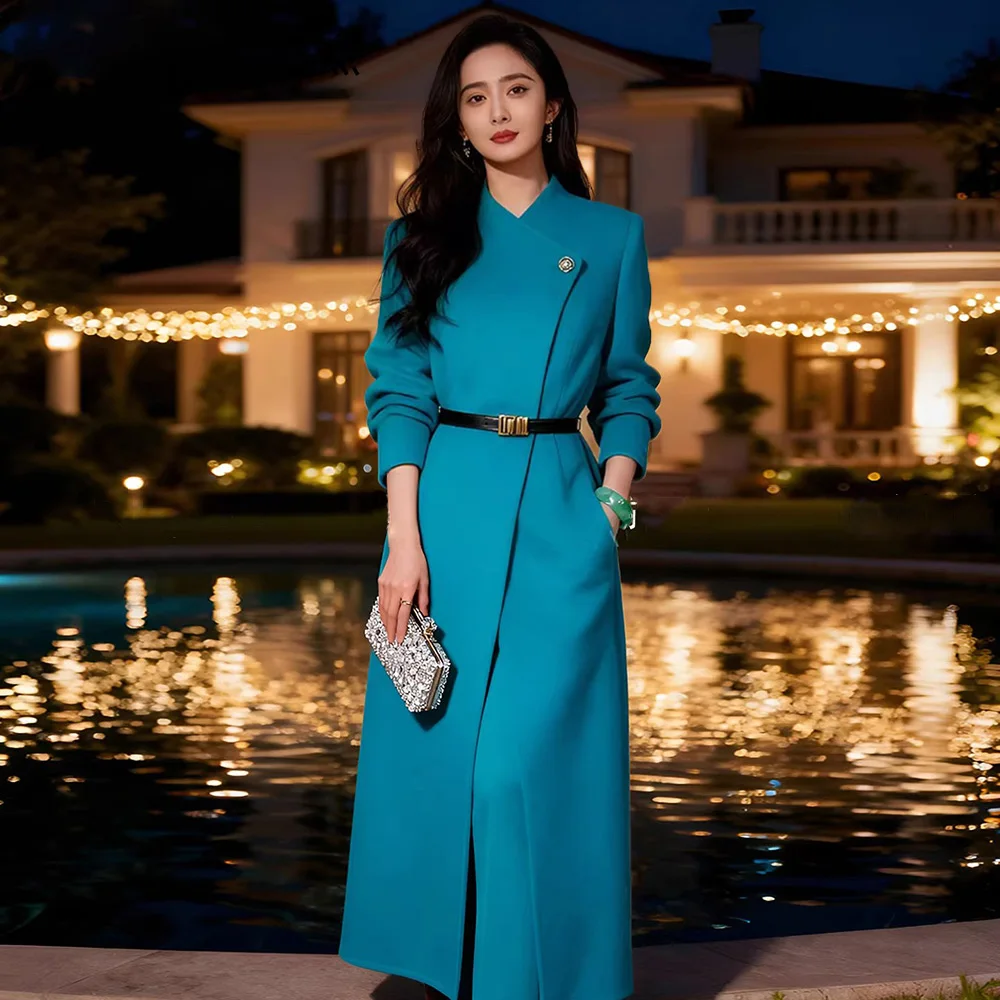 

New Women Elegant Woolen Coat Spring Autumn Fashion Cross Stand Collar Long Sleeve Slim Waist Single Button Wool Blends Coat