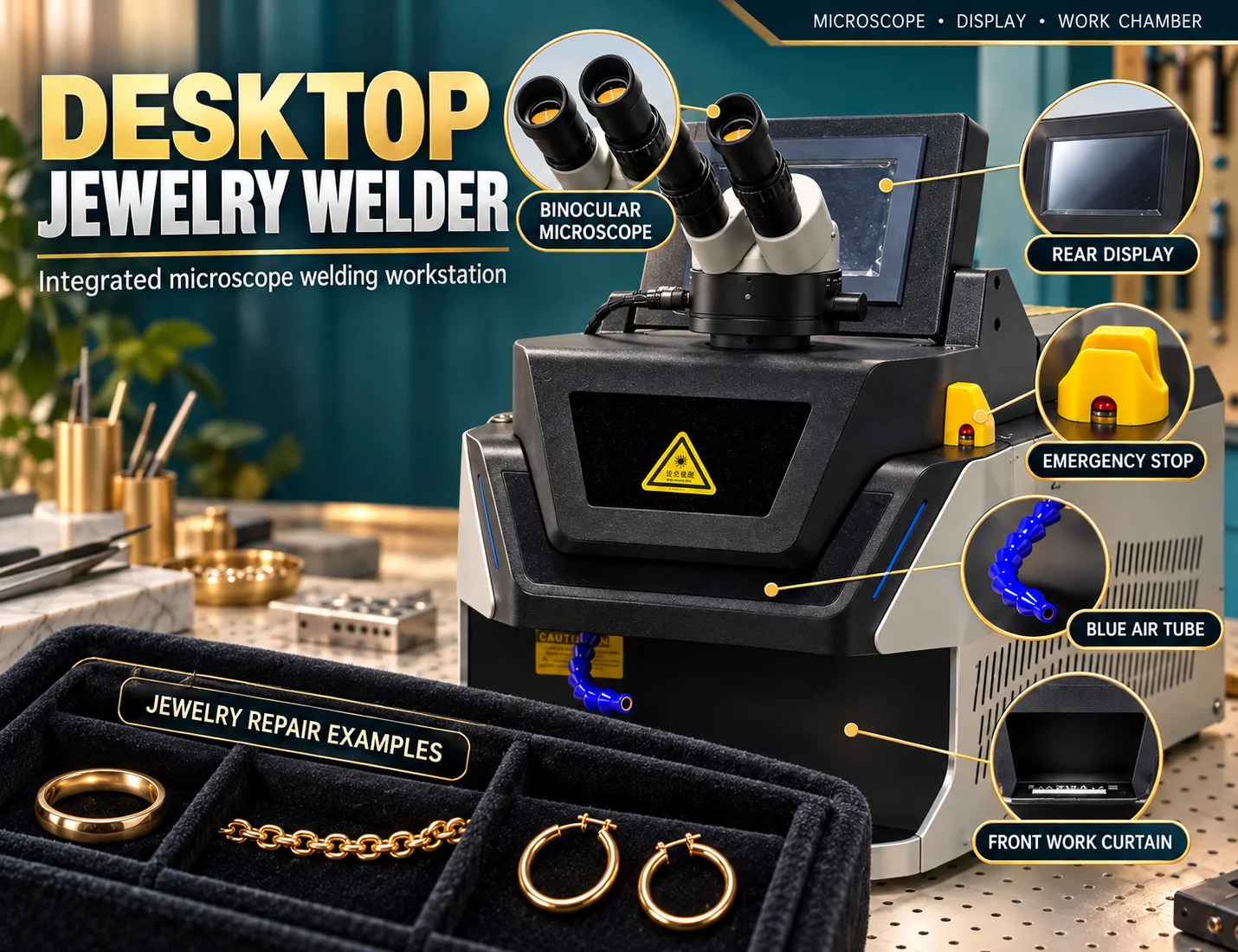 Jewelry Repair Laser Welder with Front Black Work Curtain, Microscope Viewing, Rear Screen and Guarded Emergency Stop Guard