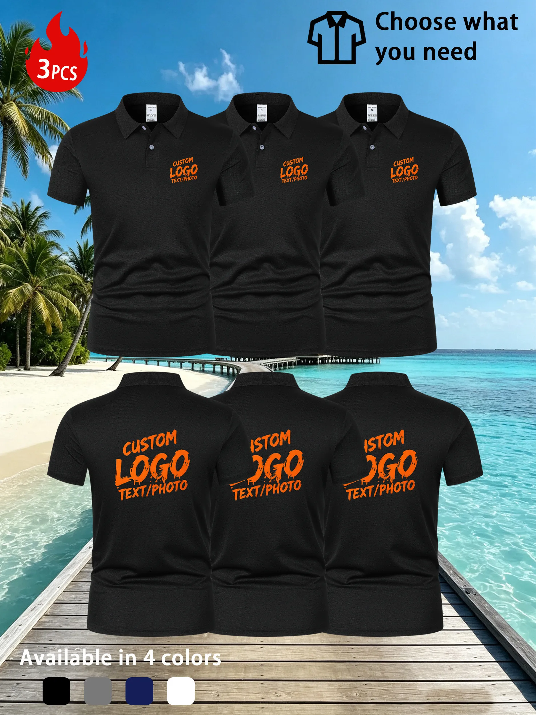 [3pcs Set] [Custom Made] Custom Men'S And Women'S Shirts, Collared Polo Shirts - Upload Your Own Picture Or Logo for Personalize