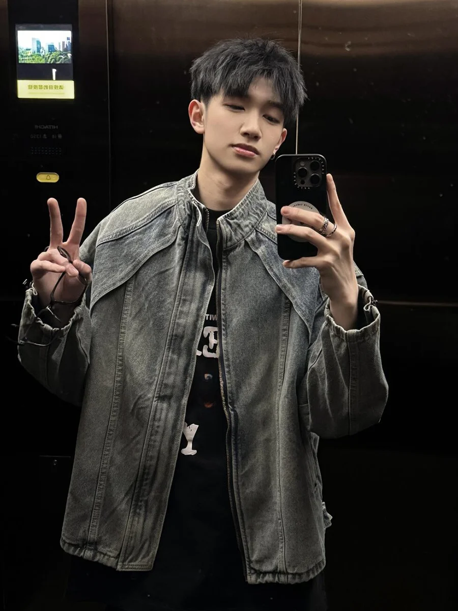 

Мужская джинсовая куртка из выстиранного денима в американском уличном стиле, весна-осень, с воротником-стойкой, Cleanfit, рабочая куртка, модная молодежная модель