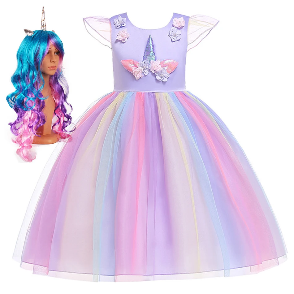 

Baby Girl Halloween Unicorn Fluffy Princess Dresses Kids Cosplay Costume Wig Christmas Birthday Party Casual Dress Girls Clothes