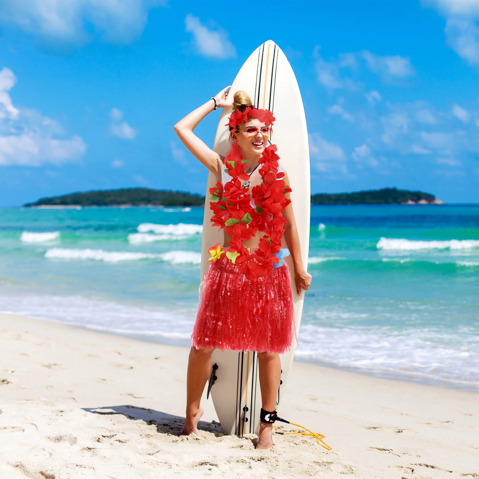 6-teiliges Tanzkostüm Hawaii-Grasrock-Set, tropische Hawaii-Outfits, Damen- und Mädchen-Party-Accessoires, rotes Stirnband, Blume