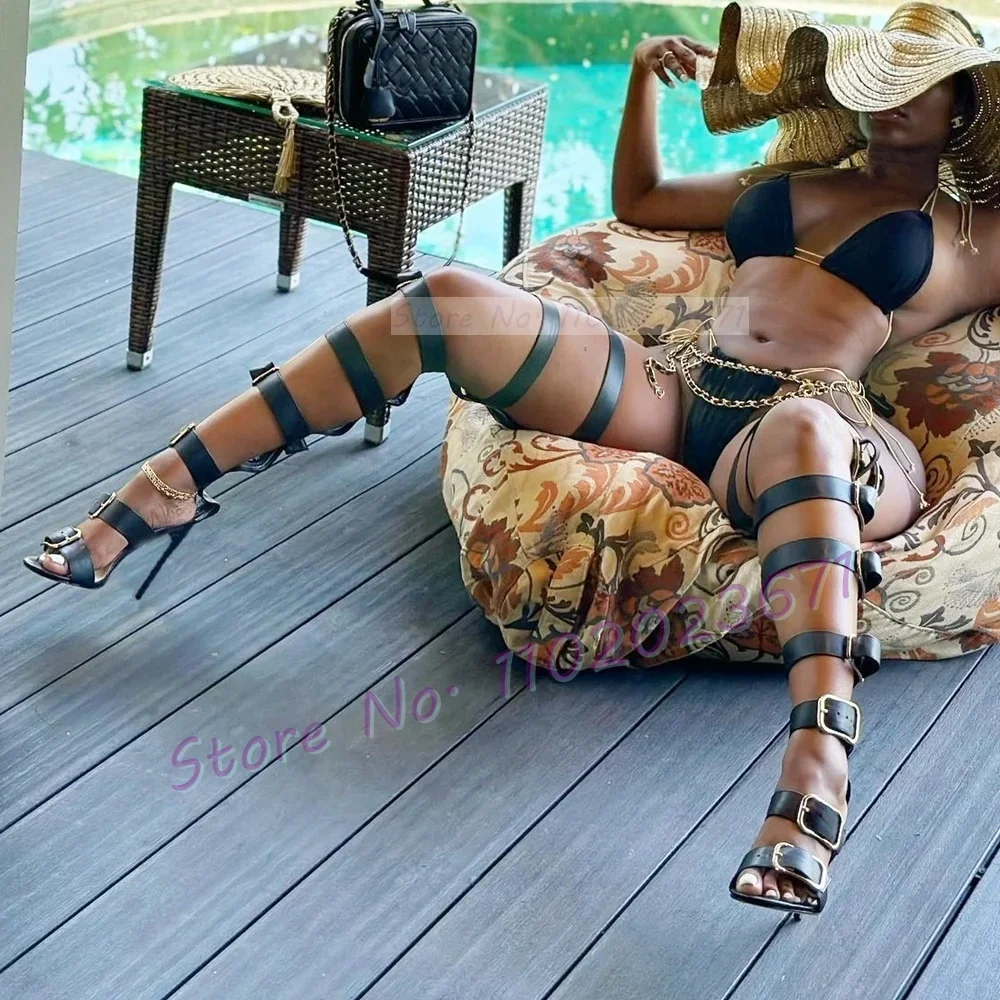 

Wide Multi-belt Buckle Long Sandals Women Sexy Puttee Black Thigh High Heels Shoes Ladies Luxury Multi Belts Punk Dress Sandals