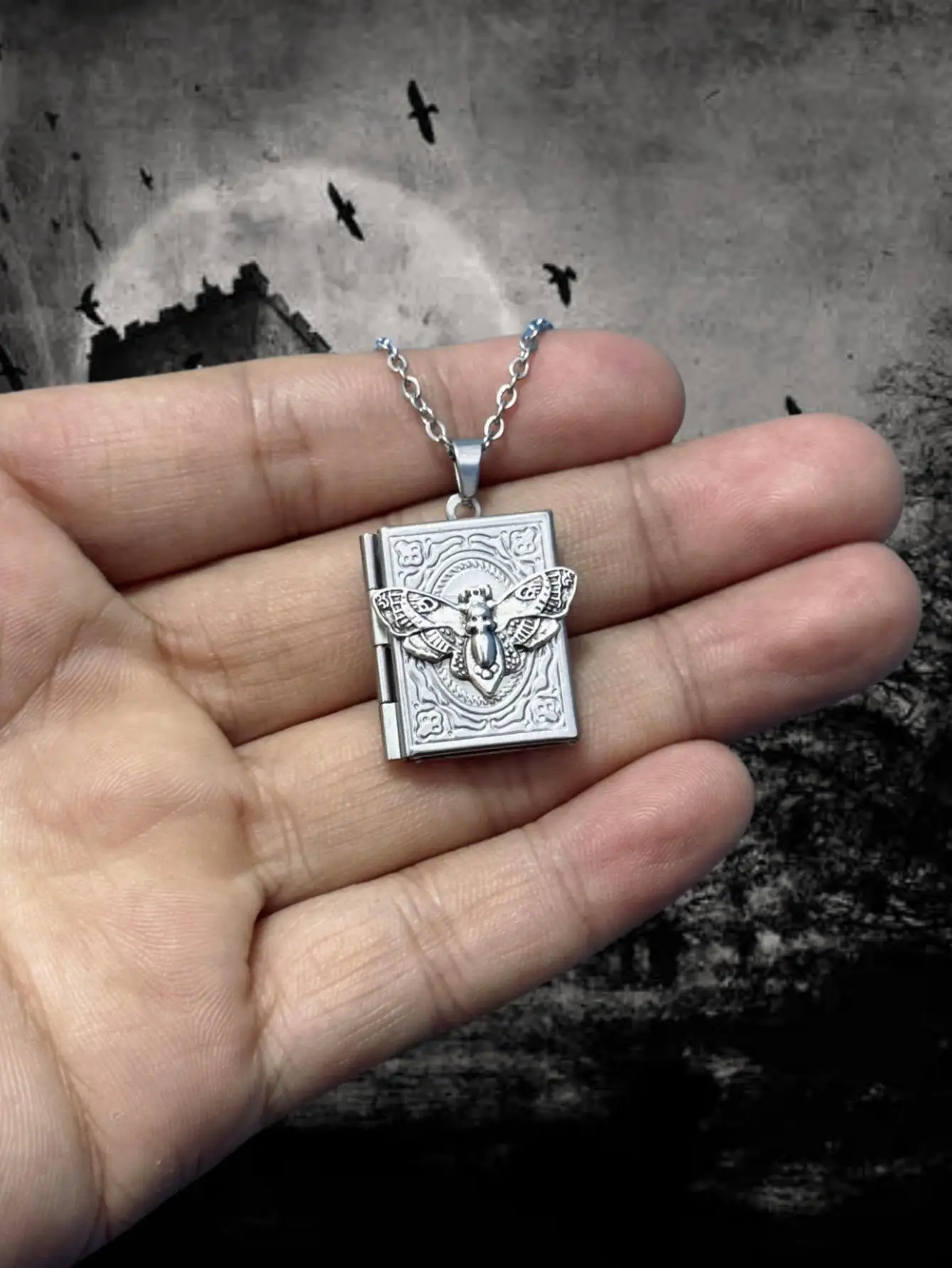 Gothic Book Animal Necklace, Photo Box Charm, Fire Dragon Moth Snake Rose Bat Sun Necklace, Vintage Jewelry Gifts For Her/Him - view 2