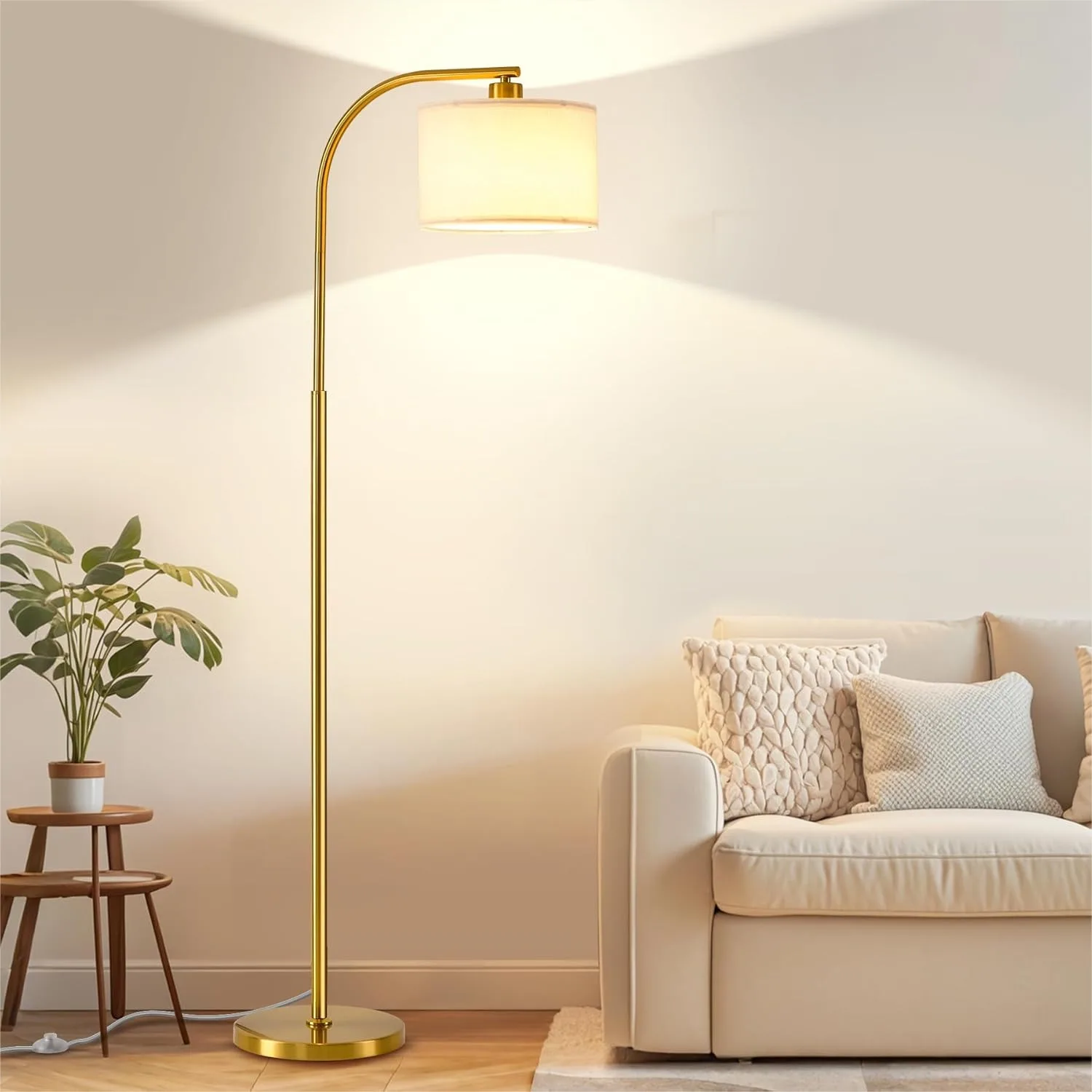 

65Inch Tall Floor Lamp For Living Room With 9W LED Bulb Fabric Shade Gold Standing Light For Bedroom Office Corner