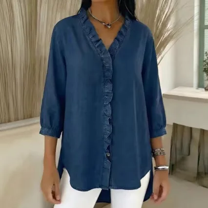 

Casual Denim Shirt V Neck Ruffle Denim Shirt Long Sleeve Washed Denim Shirt Lightweight Summer Womens Ruffled Jean Top
