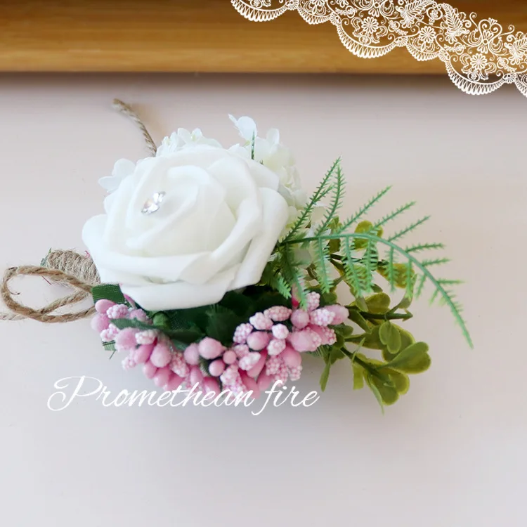 Boutonniere y ramillete de muñeca para ceremonia de boda, simulación de PE Rosa + bola bordada, novia y novio, conferencia de negocios