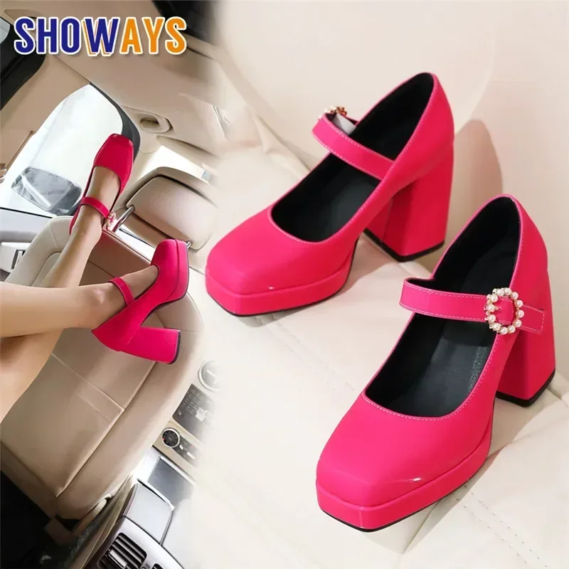 Fashion Satin Women Mary Janes Rosy Red Blue High Thick Heels Dress Party Office Ladies Spring Summer Square Toe Platform Pumps