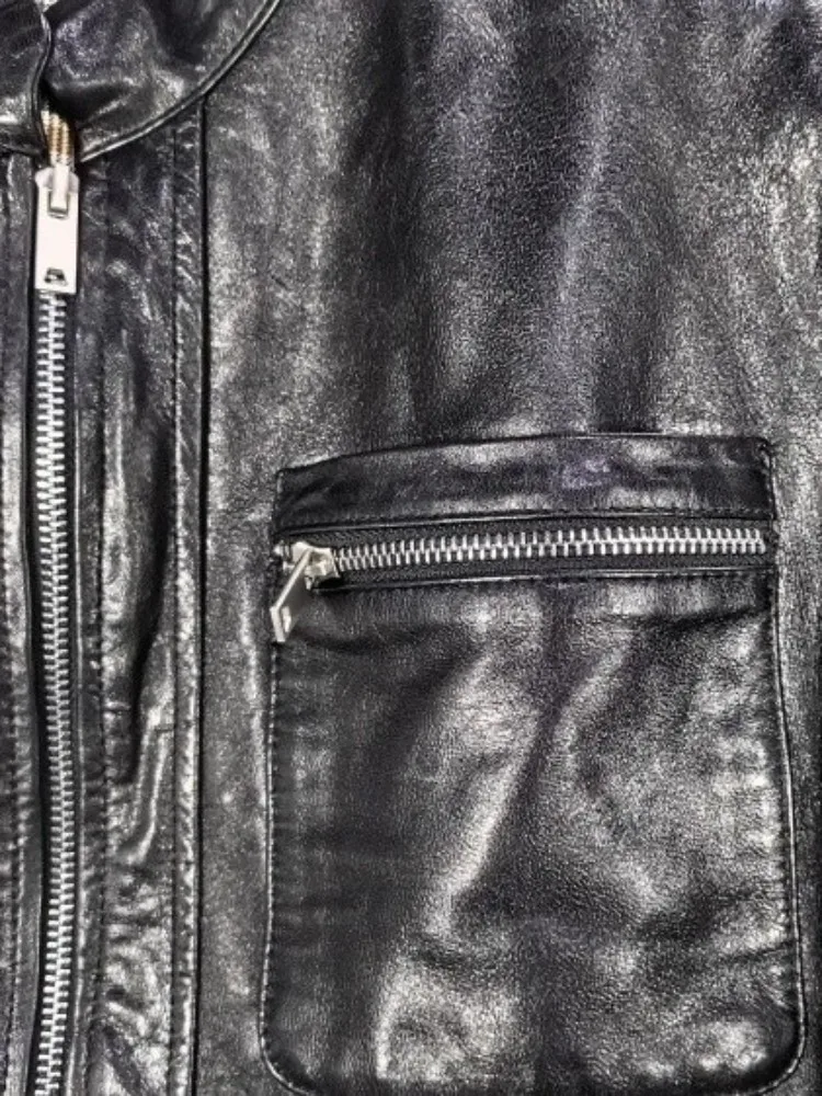 Giacca da motociclista in vera pelle da donna punk Colletto alla coreana primaverile Cappotto corto in pelle di pecora Manica lunga Streetwear Capispalla femminile