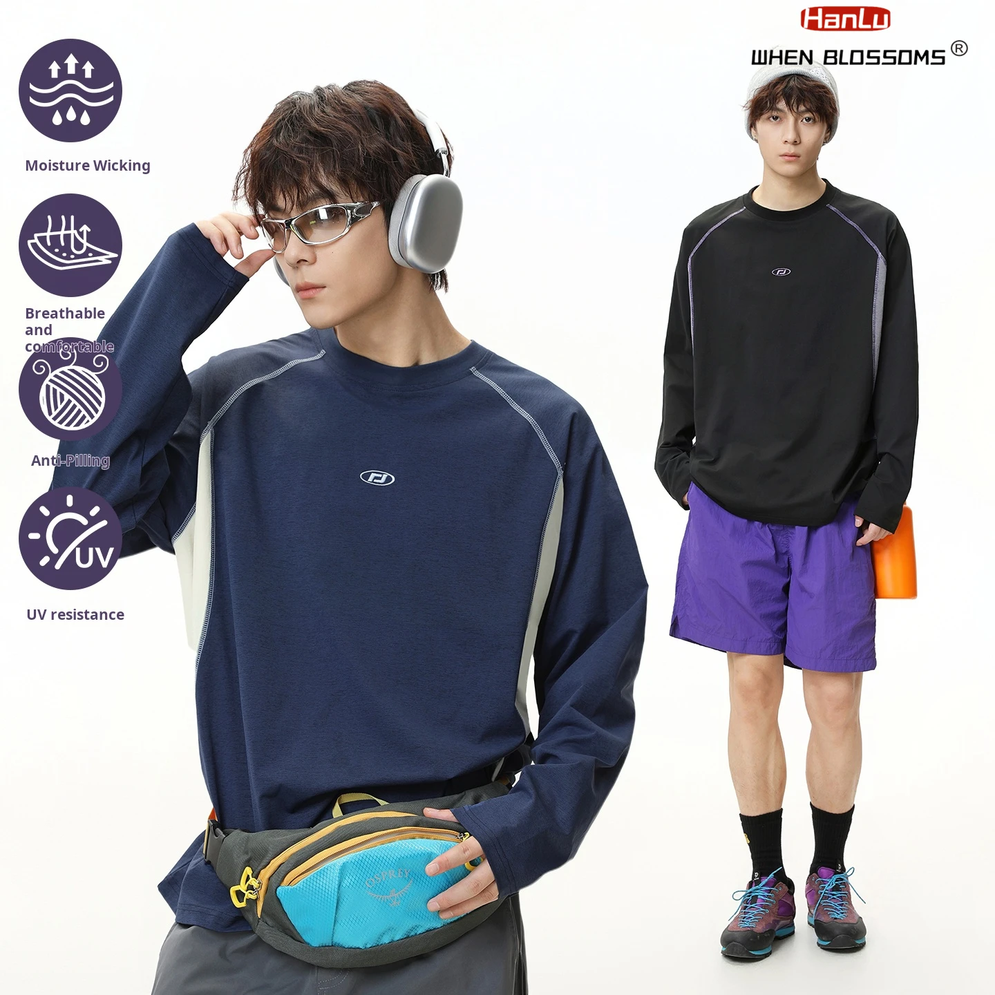 

HANGLU 2025 Men's Color Block Long Sleeve Tee Sun Protection Breathable Embroidered Loose Fit Streetwear Casual Sports Top