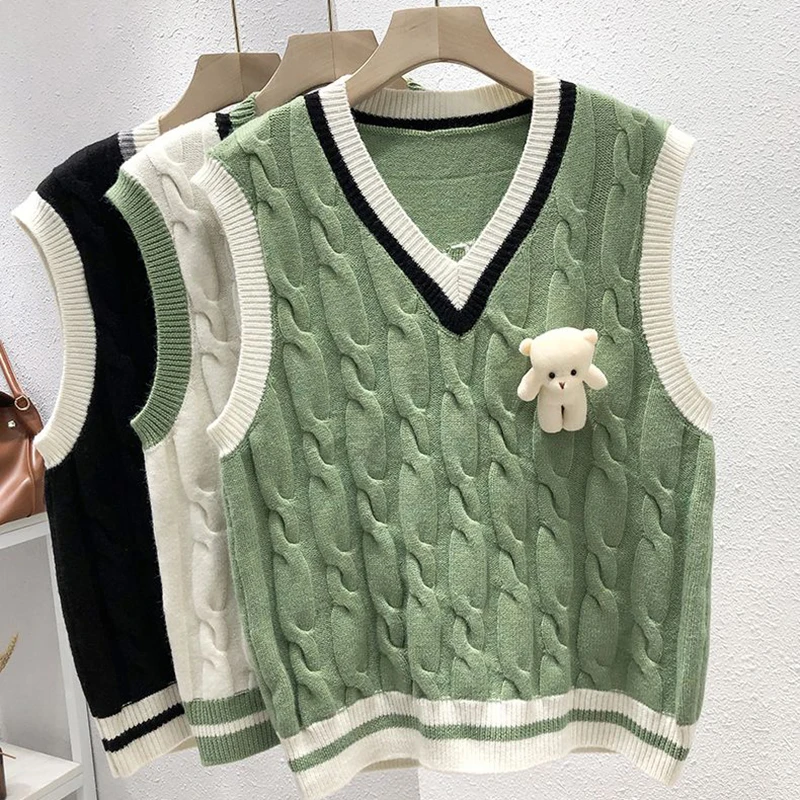 Korean V-neck Bear Accessories Preppy Style Sweater Women Vest New Sleeveless Twist Hit Color Pullover Sweater 2023 Vest Sweater