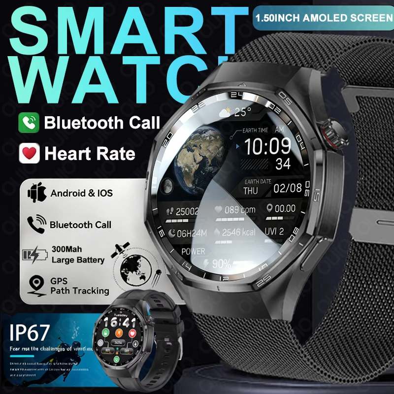 

2026 New Watch 6 MAX Smart Watch Men GPS Track 1.50" AMOLED Screen IP67 Waterproof 300MAH Heart Rate 100+Sports Smart Watch IOS