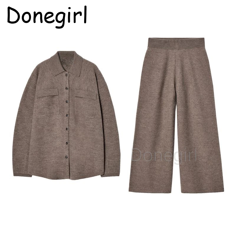 2peice set women pants and shirt set Knit Suit Single Breasted Pockets Loose Sweater Jacket or Elastic Waist Straight Pants Set