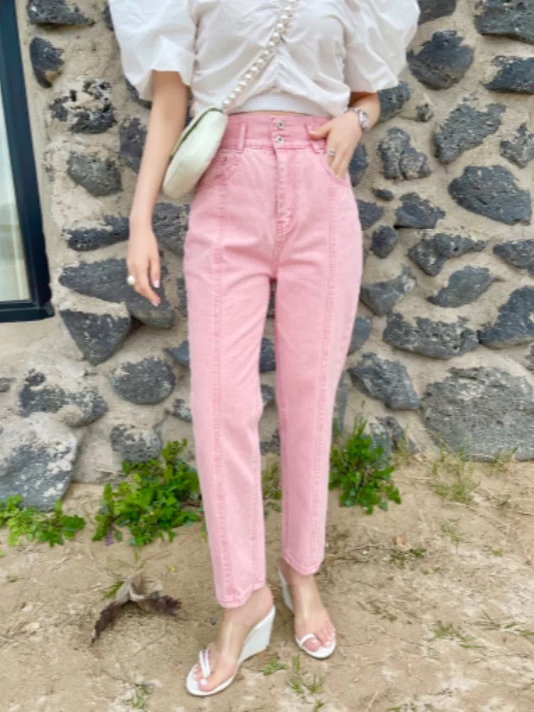 

Chic High Waist Retro Summer Versatile Double Button ket Design Casual Slim Fit Jeans Women's Faion Comfortable Denim Pants