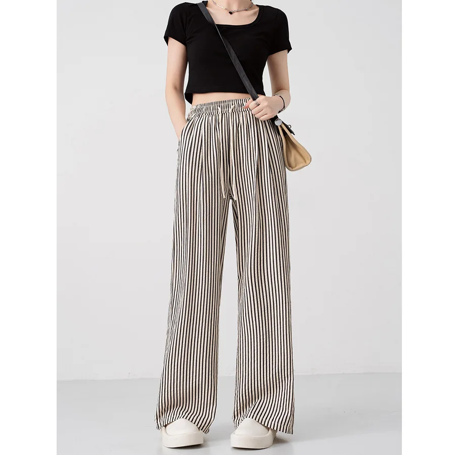 

XIZOU Elastic Waist Casual Pants Women Lazy Chic 2025 Summer New Striped Wide Leg Lengthening Trousers for Daily Wal