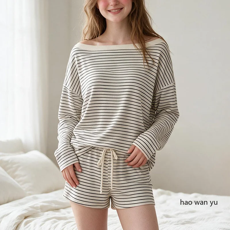 Spring and Fall Korean Style Long-Sleeved Pajamas Black and White Stripes and Off-the-Shoulder Shorts Women's Sleepwear Homewear