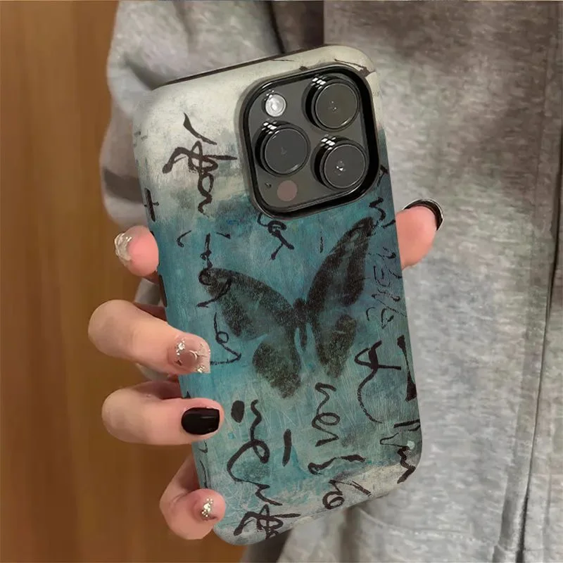 حافظة لهاتف آيفون 16 15 14 11 12 13 Pro Max Plus من الفن الشرقي مستوحاة من الفراشة والخط