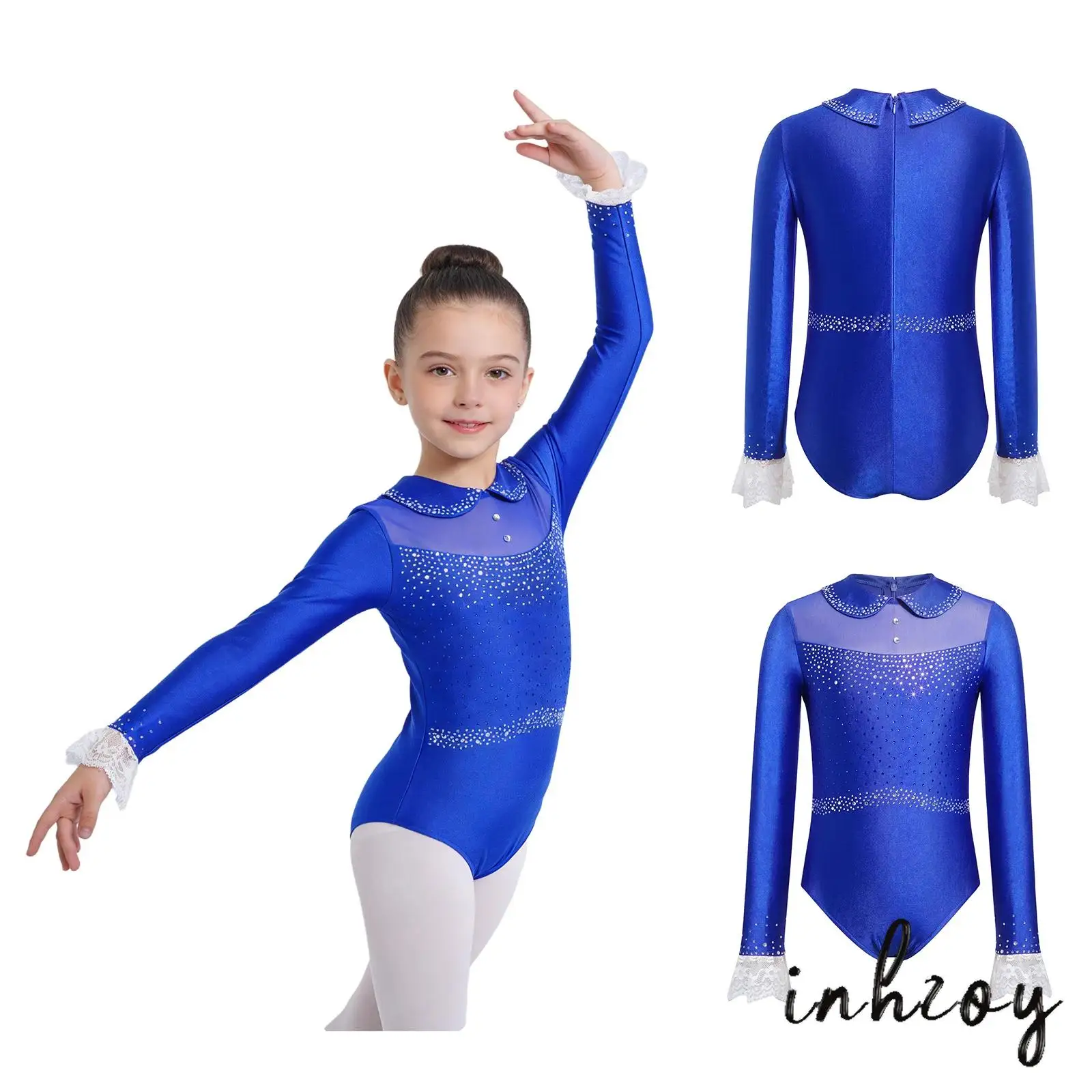 

Kids Girls Sparkling Rhinestone Gymnastics Dance Tango Jazz Leotard Long Sleeve Mesh Patchwork Bodysuit Figure Skating Dancewear