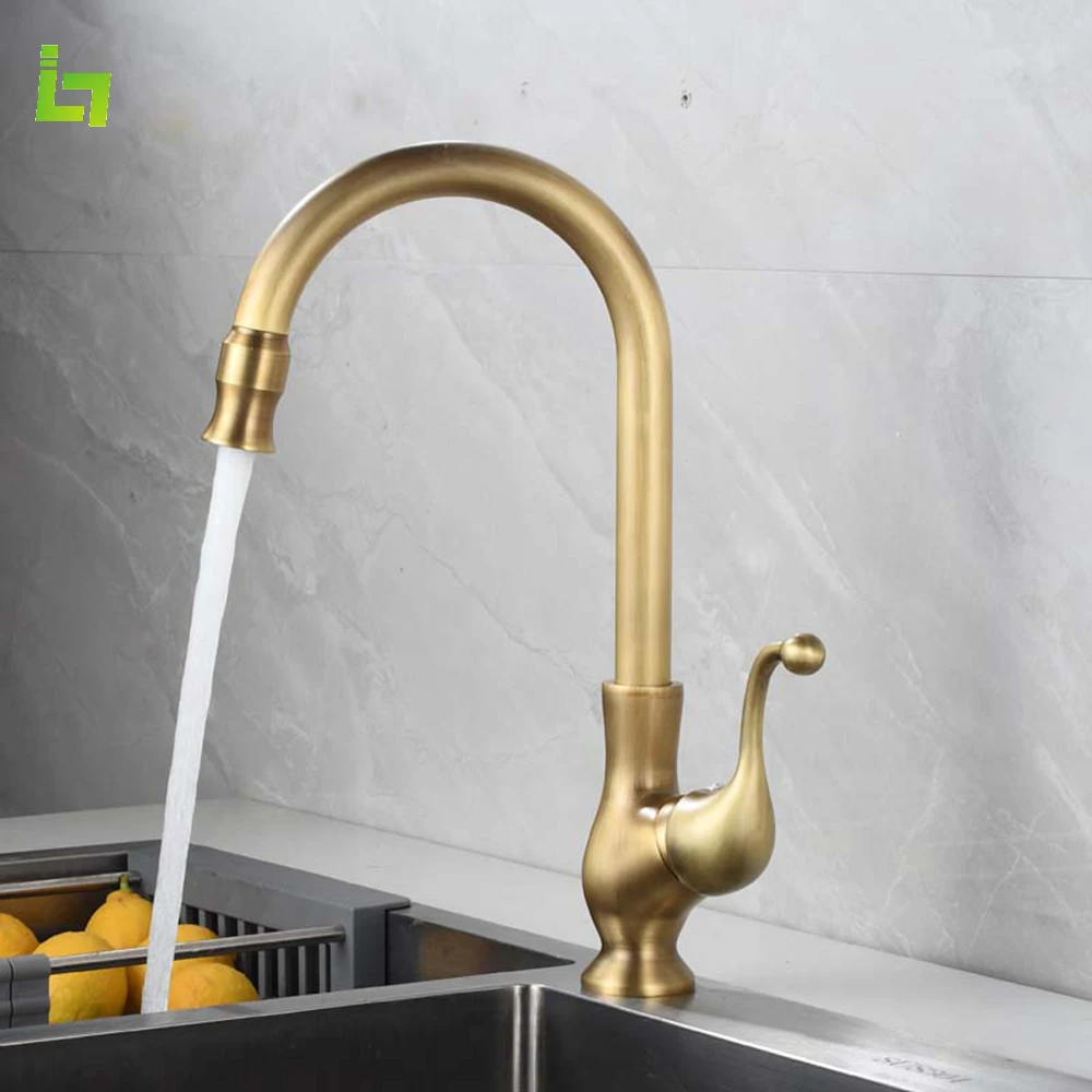 

Antique Brass Kitchen Faucet Cold and Hot Mixer Classical Deck Mounted 360 ° Rotation Stream Sink Tap