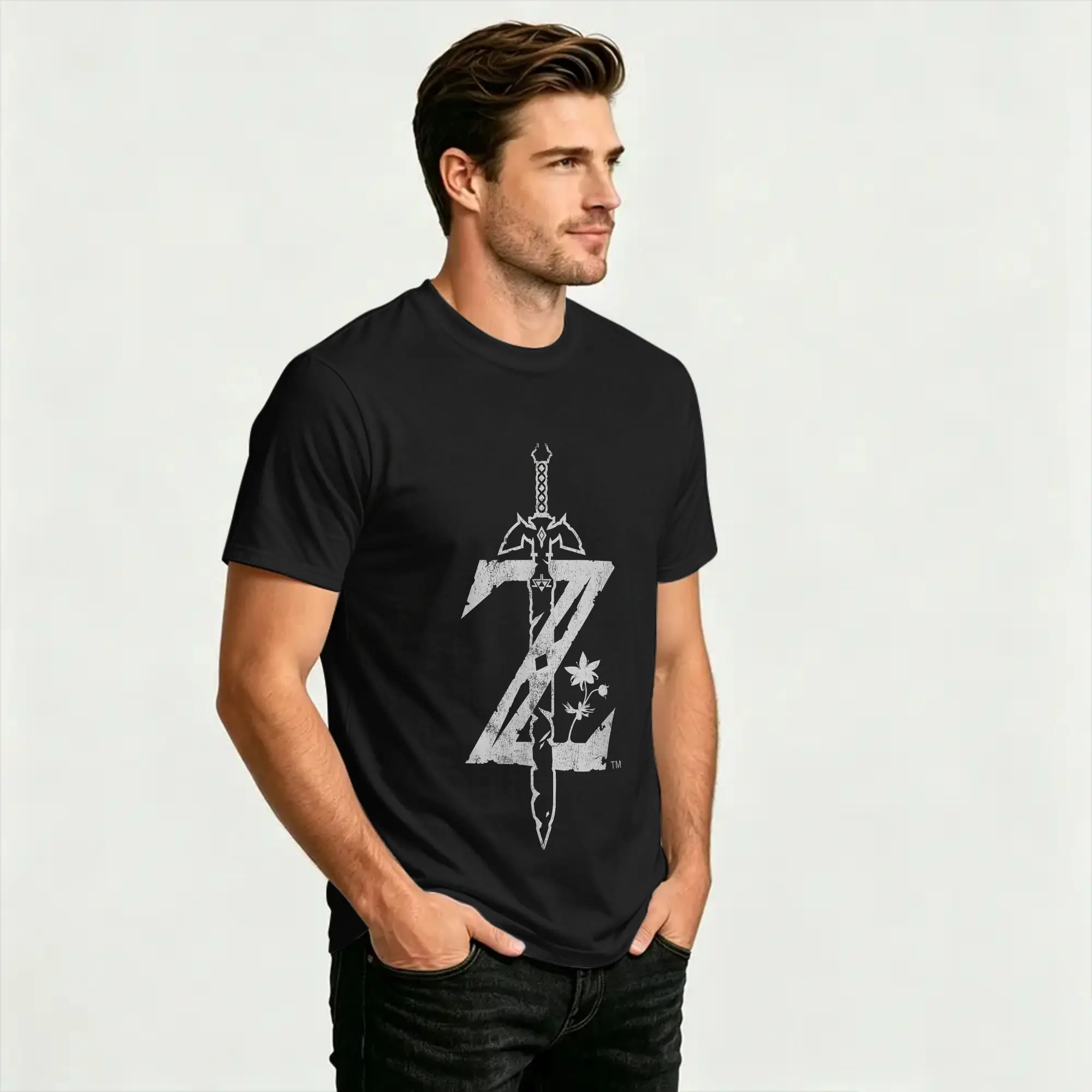 Zelda Breath Of The Wild Logo T-Shirt Strand-Baumwoll-T-Shirts für Männer, bedrucktes T-Shirt, kurzärmelig, Vintage-Kleidung – Detail 5