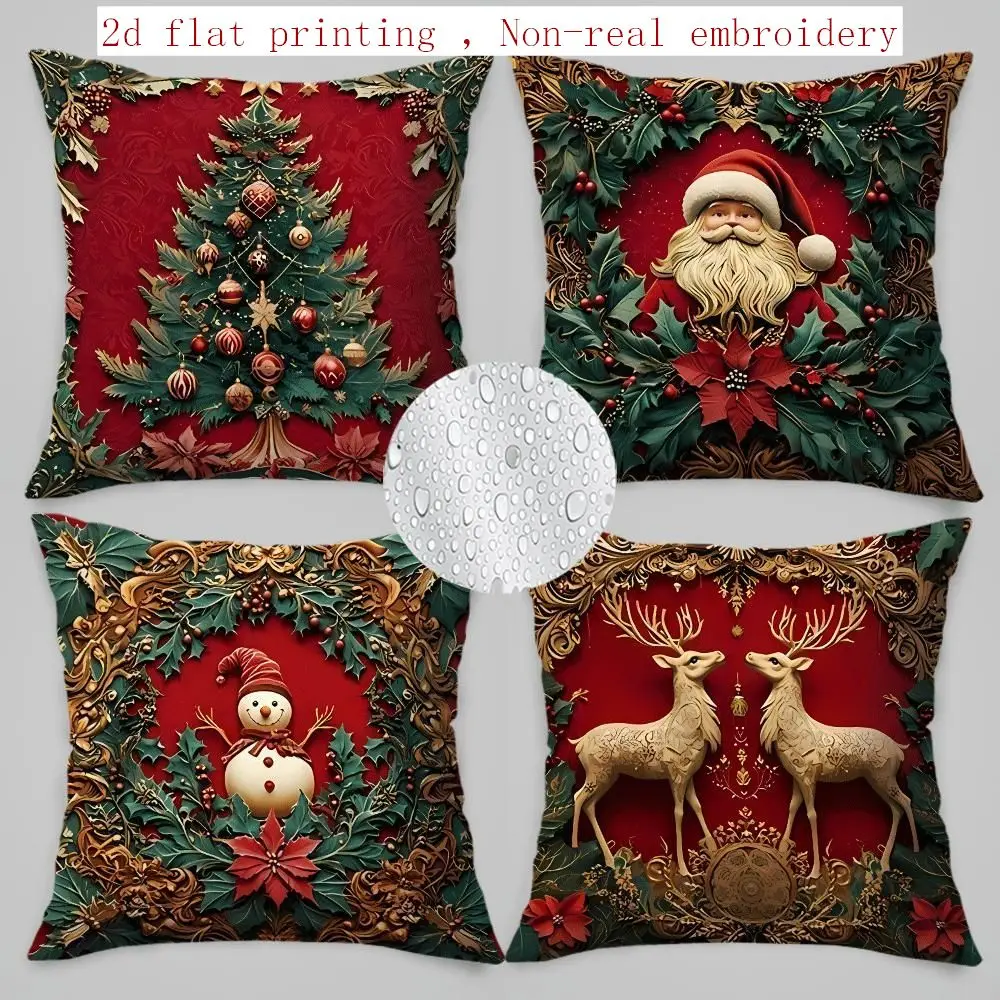4pcs Luxury Christmas Pillow Covers, Red Green Gold Poinsettia Holly Berry Print, Zippered Washable for Sofa Bed Xmas Decor