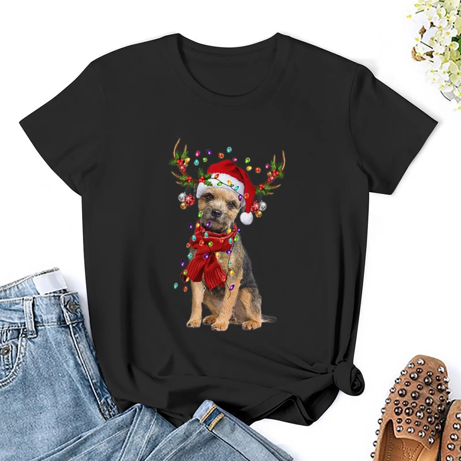 Border Terrier Reindeer Christmas T-Shirt kawaii clothes plus size tops shirts graphic tees anime clothes korean Women's clothes