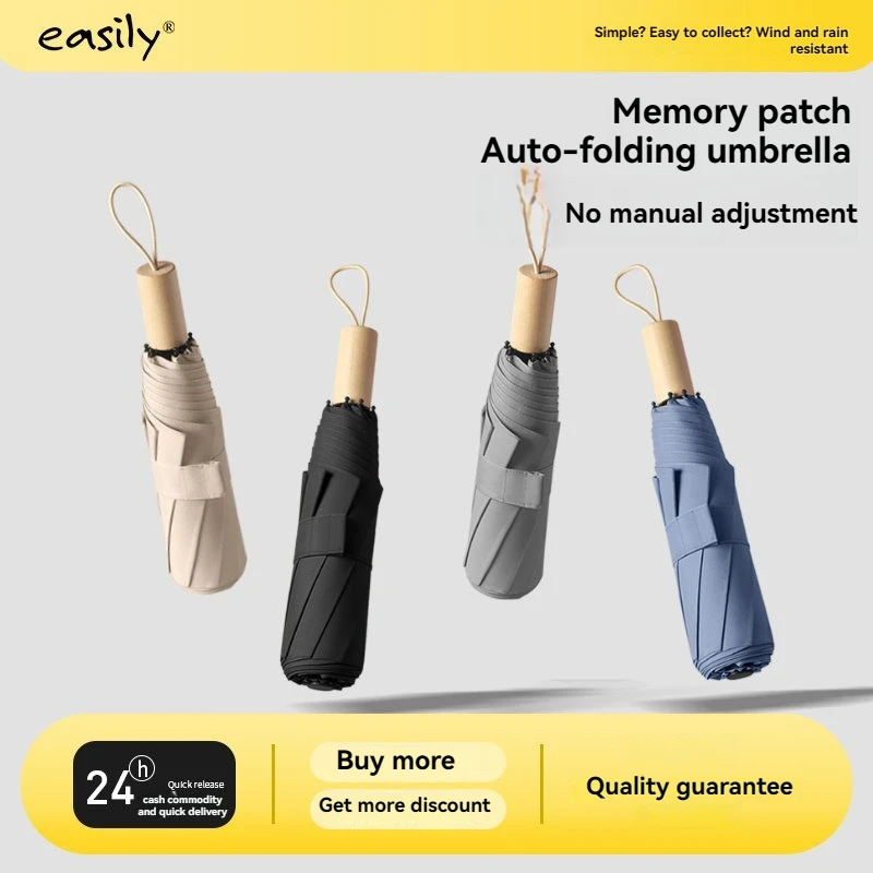 

Wooden Handle Easy Fold Patchwork Umbrella Waterproof Dries Quickly Strong Wind Resistant Umbrella Frame