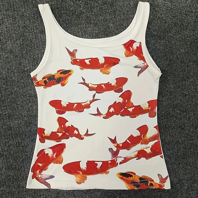 European American Grunge Style Street Tops Summer Simple Casual Group Koi Fish Pattern Printed Ladies Round Neck Sleeveless Vest