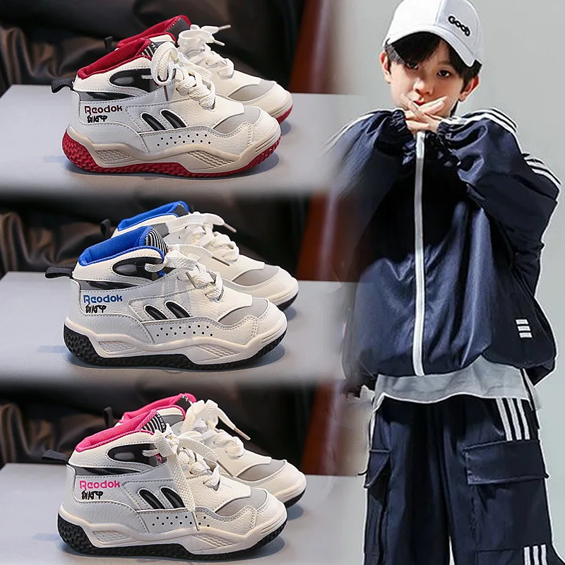 

Детская спортивная обувь, красивые баскетбольные кроссовки с высоким берцем для мальчиков, повседневная обувь с мягкой подошвой, осень 2024, новая детская модная обувь, нескользящая