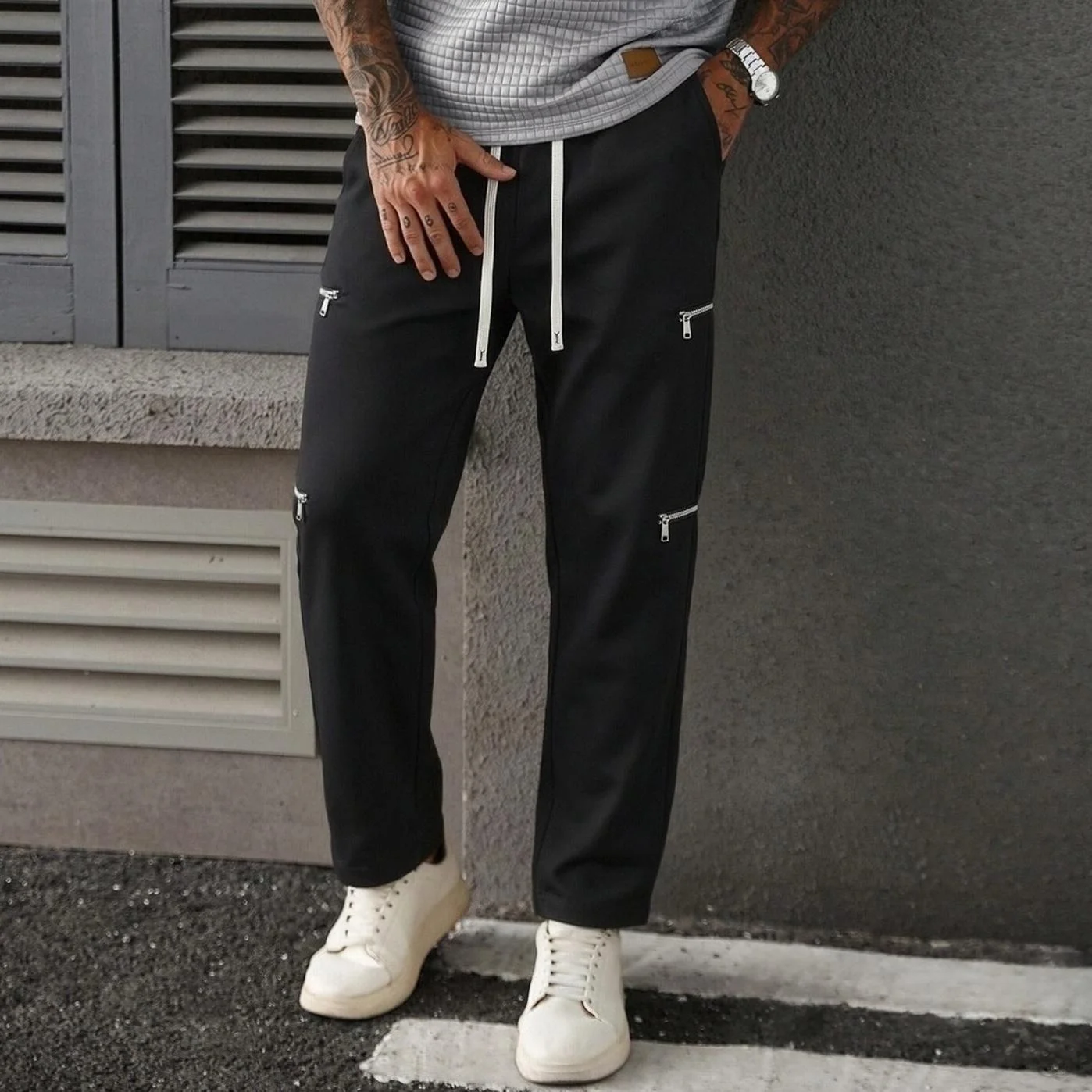 Men Wide‑Leg Cargo Pants Multi Metal Zipper Pockets Elastic Waist White Drawstring Straight Loose‑Fit Streetwear Male Trousers