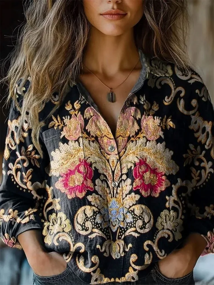 2025 Spring And Autumn New Bohemian Style Women\'s Casual Shirt Fashion Floral Print Lapel Long Sleeve Loose And Versatile Top