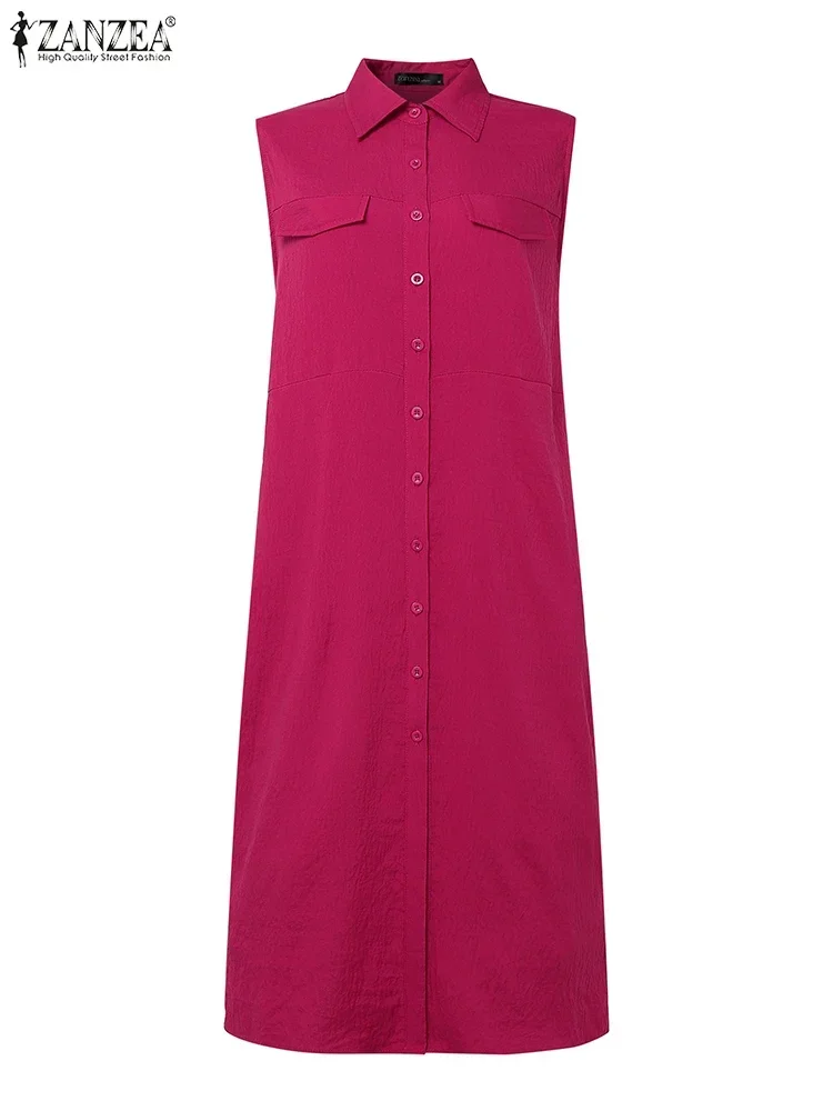 Plus size 5xl zanzea feminino tanque vestido de verão moda sem mangas botões elegante vestido de festa 2025 verão casual sólido midi vestidos