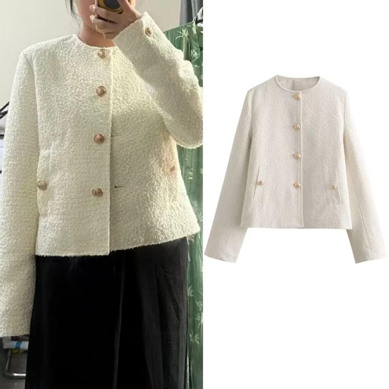 Smvp Women's Jacket 2026 Autumn New Beige Long-Sleeve Button Decorated Socialite Style Jacket Elegant and Fashionable