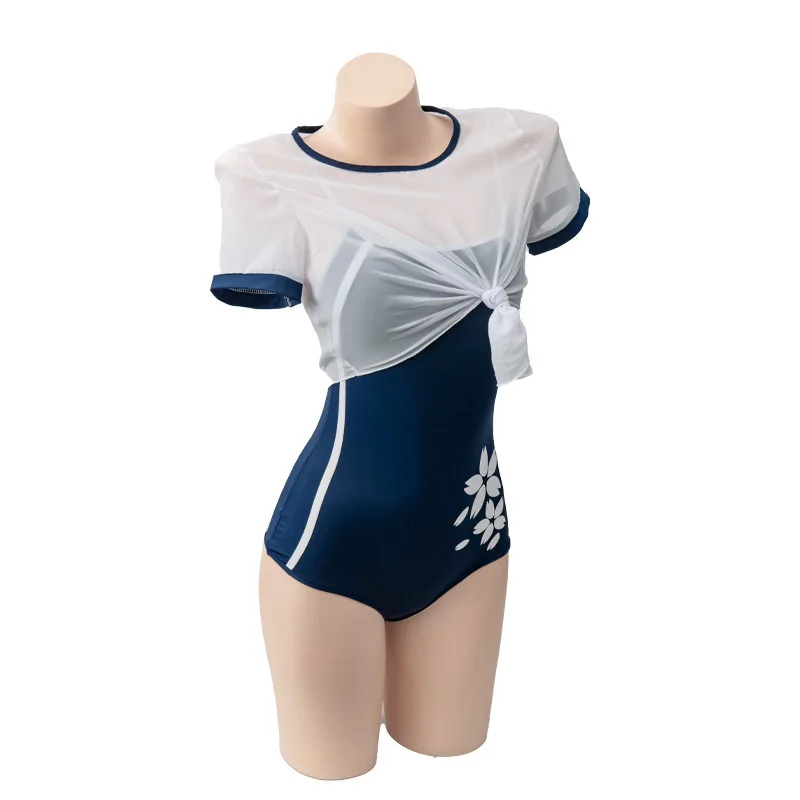 

Anime Game Student Two-Piece Swimsuit Swimwear Navy Blue Color Bodysuit Top Gym Outfits Flower Pattern Women's Cosplay Costume