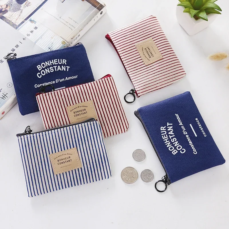 Women Coin Purse for Girls Small Stripe Canvas Zipper Coin Pouch Girl Kawaii Small Bags Cute Coin Earphone Key Holder Bag Wallet