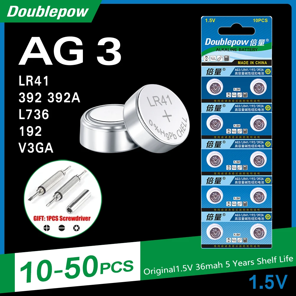 10-50pcs AG3 LR41 Battery 192 392 384 392A 1.5V Button Batteries Cell Alkaline for Keys Watch Pedometers Clock Calculators
