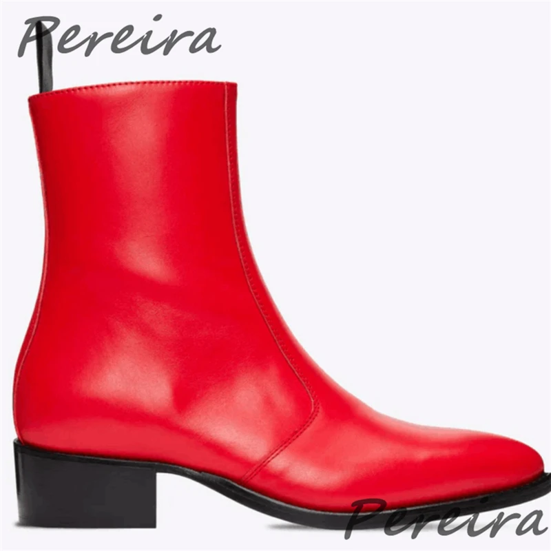 

Red Genuine Leather Handmade Short Boots Men's Cowhide Thick Heel Zipper Chelsea Boots Autumn Winter New Party Dress Shoes