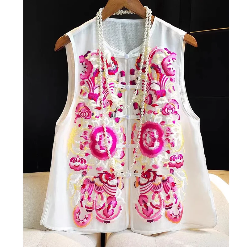 

White New Chinese Palace Embroidery Big Flower O-Neck Single Breasted Vest Women's Summer Youth Leisure Sleeveless Top S-XXL